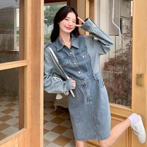 超火miu系条纹拼接牛仔连衣裙女春秋2025新款韩系chic高级感短裙,6070后女性连衣裙穿搭图片