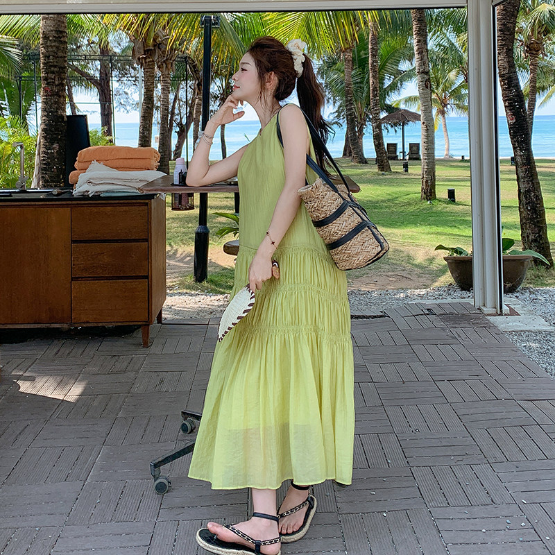 绿色法式无袖背心连衣裙女2025夏季新款气质显瘦超好看度假风长裙,女装连衣裙,浙宝289