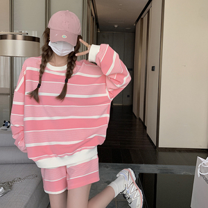 盐甜系穿搭条纹卫衣套装女2025春秋季新款小个子学院风休闲两件套图片