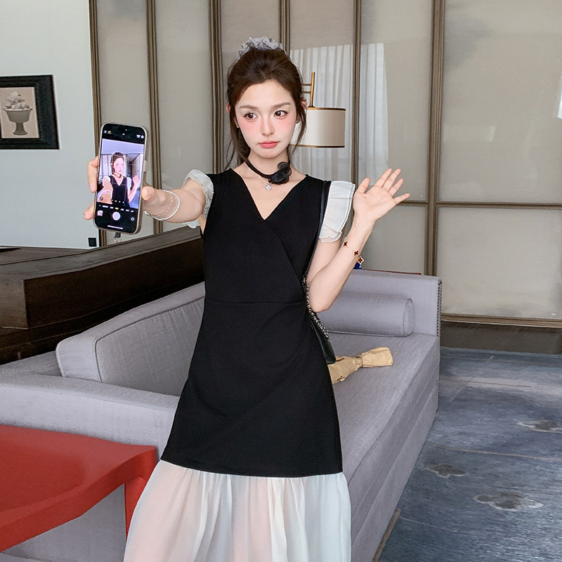法式黑色拼接蕾丝连衣裙女夏2025新款独特漂亮今年流行巨好看长裙,女装连衣裙,浙宝289