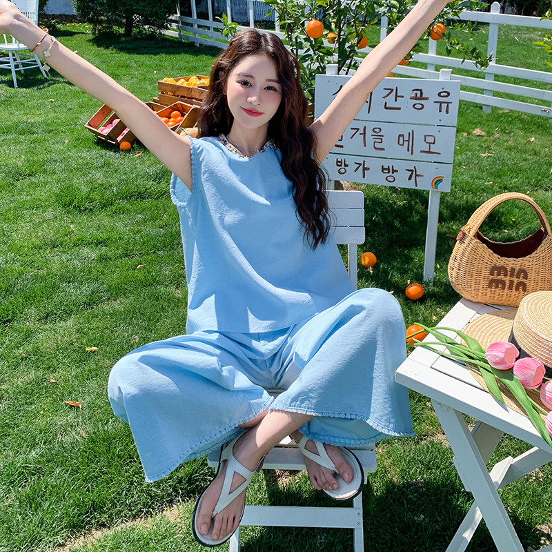 慵懒风蓝色上衣阔腿裤套装女2025夏季新款法式甜美气质减龄两件套,女装套装/套裙,浙宝289