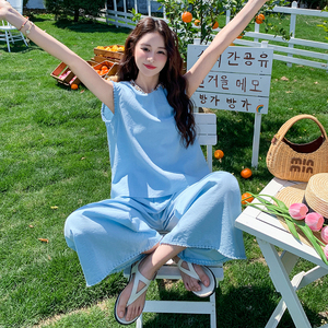 慵懒风蓝色上衣阔腿裤套装女2025夏季新款法式甜美气质减龄两件套图片