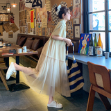 网纱拼接衬衫连衣裙女2025夏季新款韩系设计感宽松减龄慵懒风长裙，女装连衣裙，浙宝289