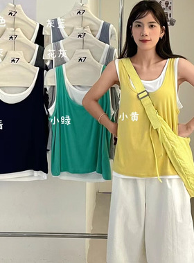 大7女装78136夏季新款韩版宽松大码胖mm休闲慵懒风撞色假两件背心