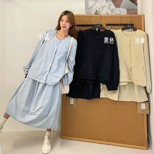 胖mm慵懒风圆领上衣花苞半裙两件套装 大7女32166春夏韩版 宽松大码