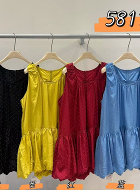 WE女58113夏季新款日系宽松大码胖mm休闲复古圆领波点短款背心裙