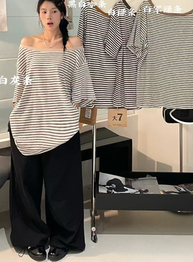 大7女32398秋季新款韩版宽松大码胖mm休闲慵懒风斜领短袖条纹T恤