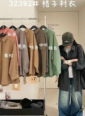 大7女32382秋季新款韩版宽松大码胖mm休闲慵懒风长袖格子衬衫上衣