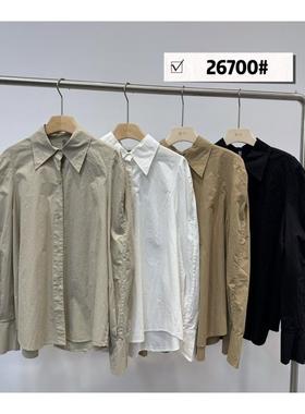 becabeau秋季新款宽松大码胖mm通勤百搭纯色设计感尖领长袖衬衫女