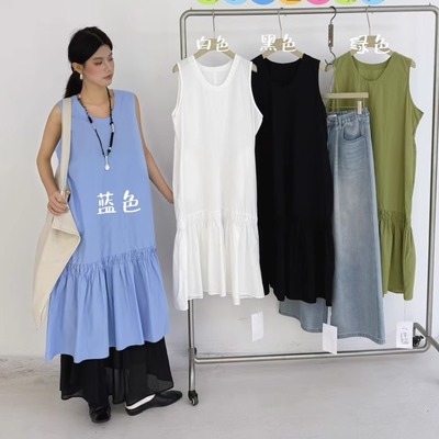 休闲慵懒风无袖不规则荷叶边长裙