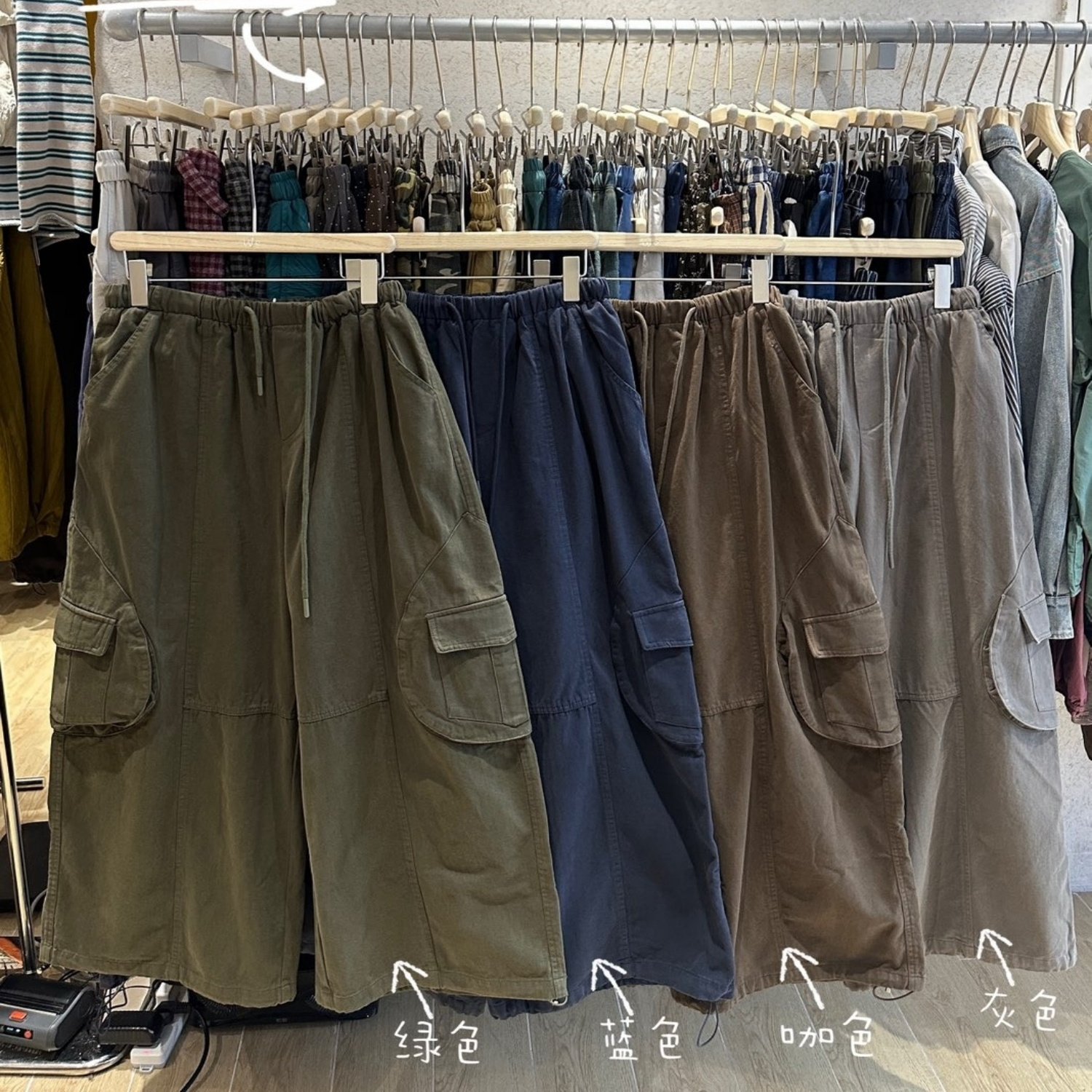 胖mm休闲风高腰抽绳阔腿工装长裤