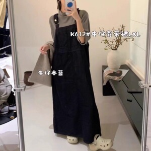 大7女装K612秋季韩版宽松大码胖mm慵懒休闲风时尚牛仔背带连衣裙