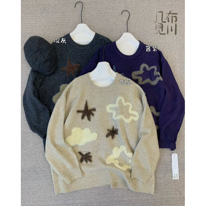 胖mm松弛风复古圆领花朵针织毛衣