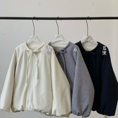 胖mm慵懒松弛风圆领系带棉服外套