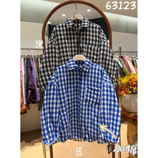 We女63123秋冬新款韩版宽松大码胖mm慵懒风落肩格子加棉衬衫外套