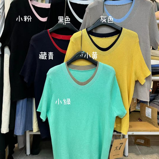 大7女12268春夏新款韩版宽松大码胖mm休闲慵懒风撞色V领针织衫T恤