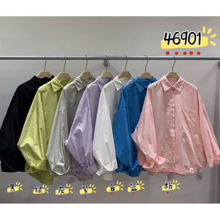 WE女46901春季韩版宽松大码胖mm慵懒松弛设计感下摆抽绳翻领衬衫