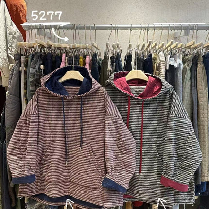 WE女5277冬韩版宽松大码胖mm慵懒休闲风复古格子套头连帽棉服外套