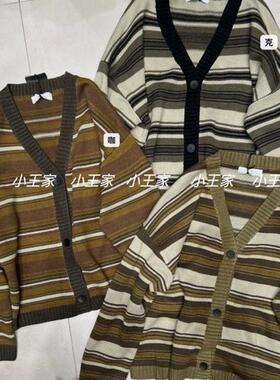 小王家8310秋冬韩版宽松大码胖mm休闲慵懒风针织开衫条纹毛衣外套