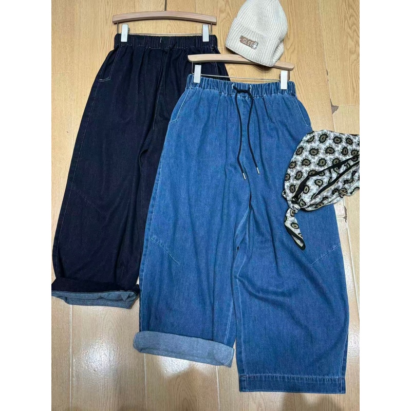 胖mm松弛加厚抓绒阔腿哈伦牛仔裤