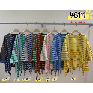 胖mm慵懒休闲风圆领条纹开衩短袖 宽松大码 T恤 46111春夏韩版 WE女装