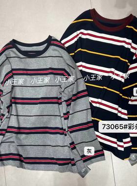 小王家73065秋季新款韩版宽松大码胖mm休闲慵懒风撞色条纹T恤上衣