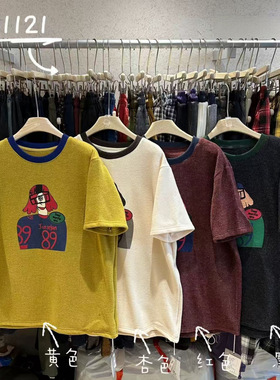 WE女51121冬季韩版宽松大码胖mm慵懒休闲风撞色加厚磨毛绒短袖T恤