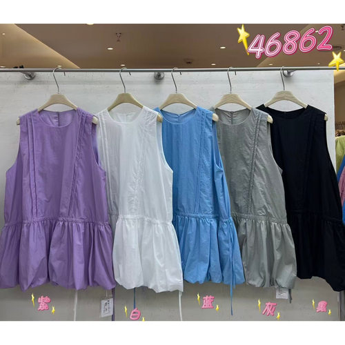 胖mm慵懒松弛圆领无袖花苞连衣裙