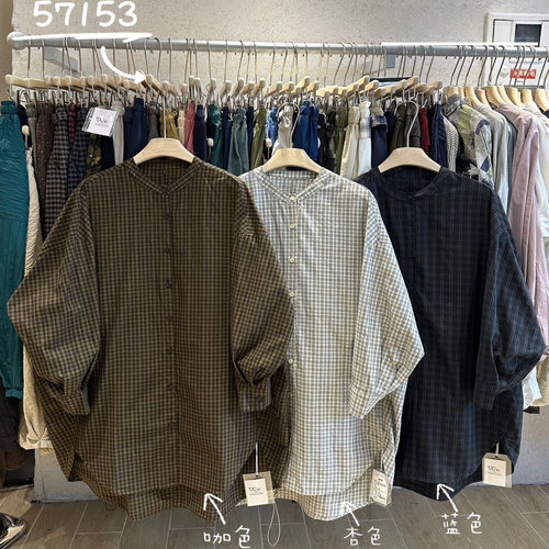 胖mm松弛风圆领复古格子长款衬衫