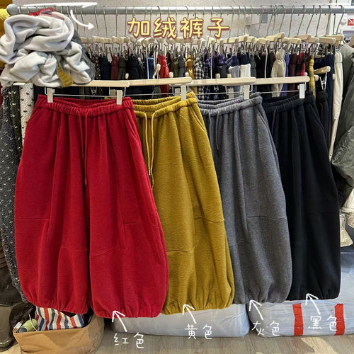 慵懒松紧高腰加绒阔腿灯笼长裤女