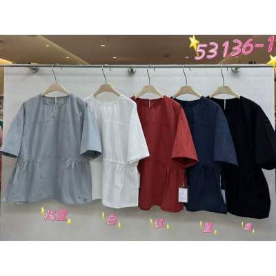 胖mm慵懒休闲风圆领套头短袖衬衫