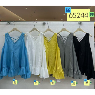 We女65244夏季韩版宽松大码胖mm慵懒松弛设计感V领荷叶边背心上衣
