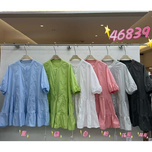 We女装46839夏季韩版宽松大码胖mm慵懒松弛风圆领荷叶边短袖衬衫