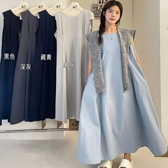 大7女装32267夏季韩版宽松大码胖mm休闲慵懒风设计感无袖连衣长裙