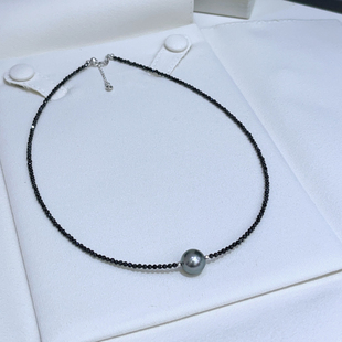 天然大溪地海水黑珍珠项链 黑色尖晶石简约吊坠锁骨链百搭choker