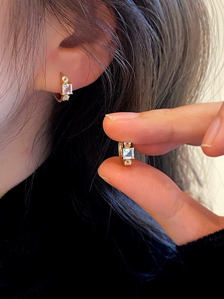 公主方糖纯银镀18K黄金耳扣耳环耳饰闪亮闪钻ins风法式复古耳钉