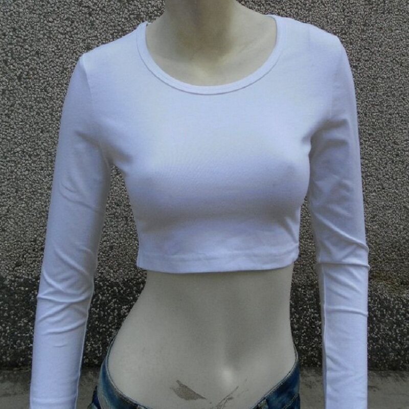 漏肚脐纯棉超短款长袖体恤女秋装百搭圆领半截背心内搭修身打底衫