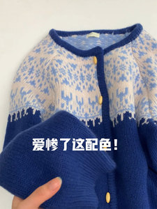 CHAO级推荐！复古撞色蓝色毛衣女秋冬氛围感独特小个子百搭上衣