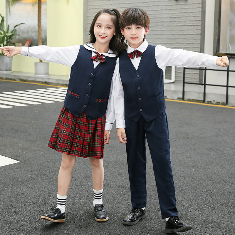 深圳市小学生礼服校服秋冬统一男女制服衬衫格子裙子马甲毛衣外套
