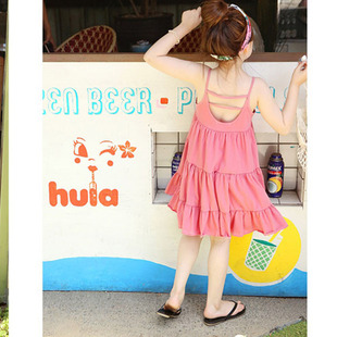 韩版 儿童沙滩裙2021夏季 纯棉漏背吊带背心裙子女童海边度假连衣裙