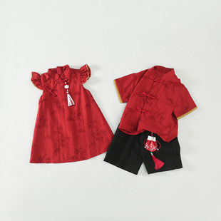 儿童唐装短袖汉服旗袍新中式套装夏季节日周岁生日礼服中国风表演