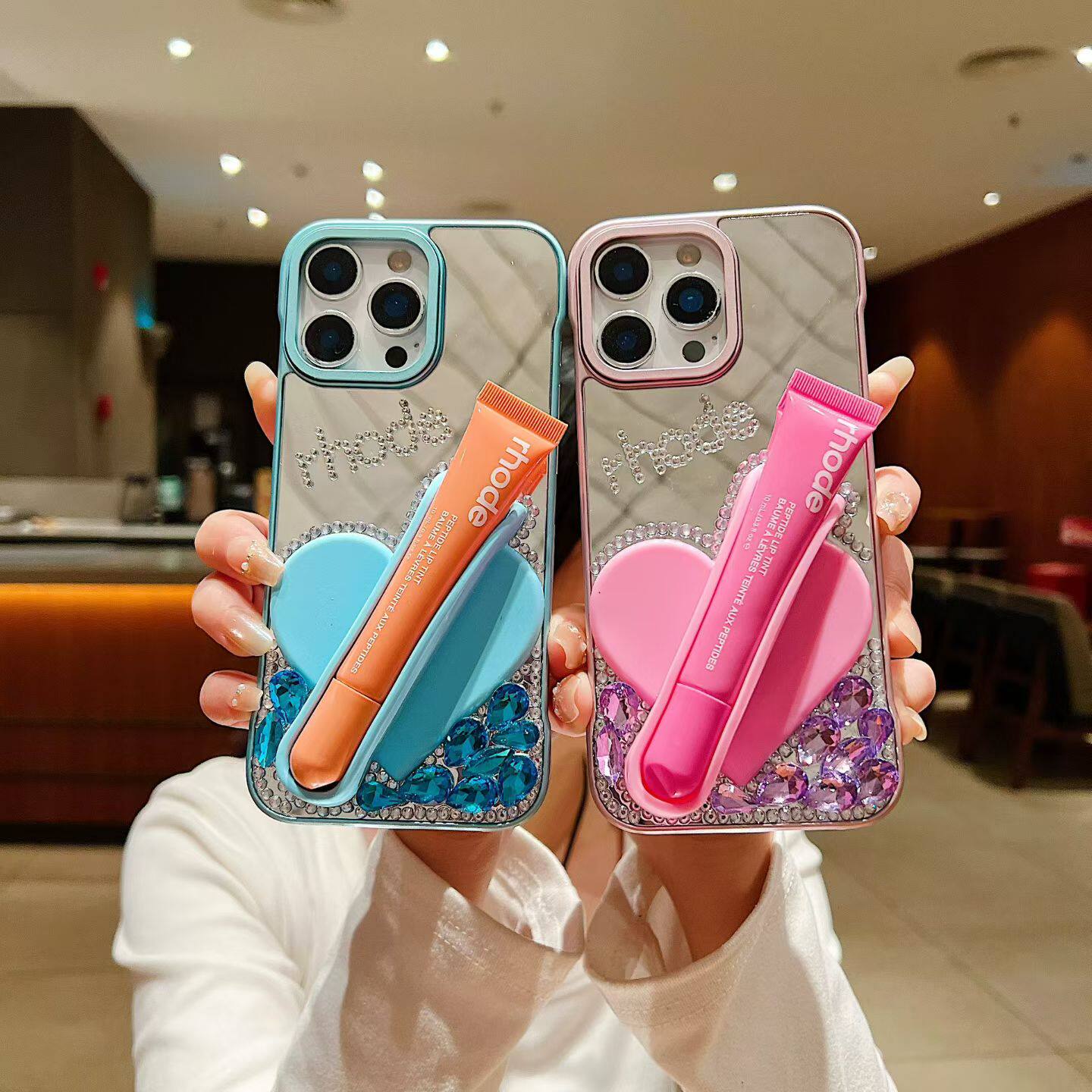 壳哇伊 创意口红唇膏夹适用苹果17promax手机壳带水钻iPhone16promax补妆镜面13新款14网红15超火1