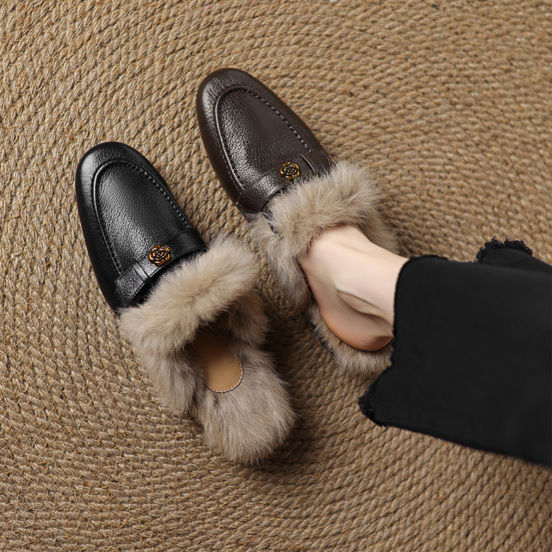 兔毛真皮毛毛拖鞋女外穿冬季山茶花加绒保暖包头穆勒鞋粗跟半拖鞋