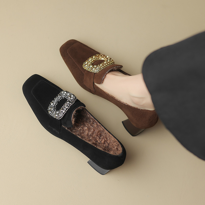 方扣水钻粗跟单鞋女真皮磨砂覆古英伦一脚蹬乐福鞋中跟加绒小皮鞋