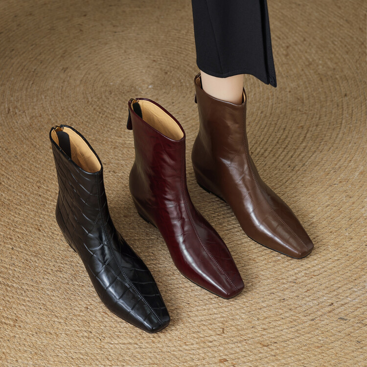 法式覆古小方头瘦瘦靴女2025秋冬款真皮时尚内增高坡跟短靴马丁靴