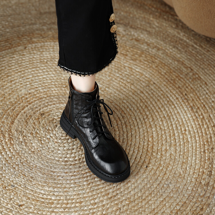 英伦风圆头系带马丁靴女2025秋冬新款覆古真皮侧拉炼短靴春秋单靴