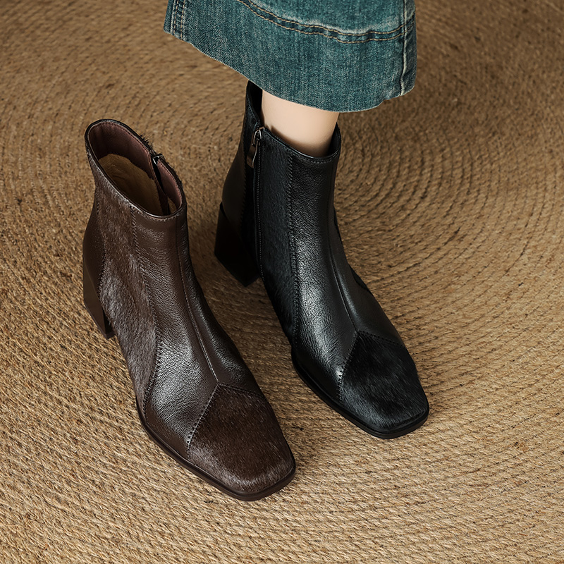 羊皮马毛拼接高跟短靴女春秋单靴粗跟瘦瘦靴方头马丁靴真皮小踝靴