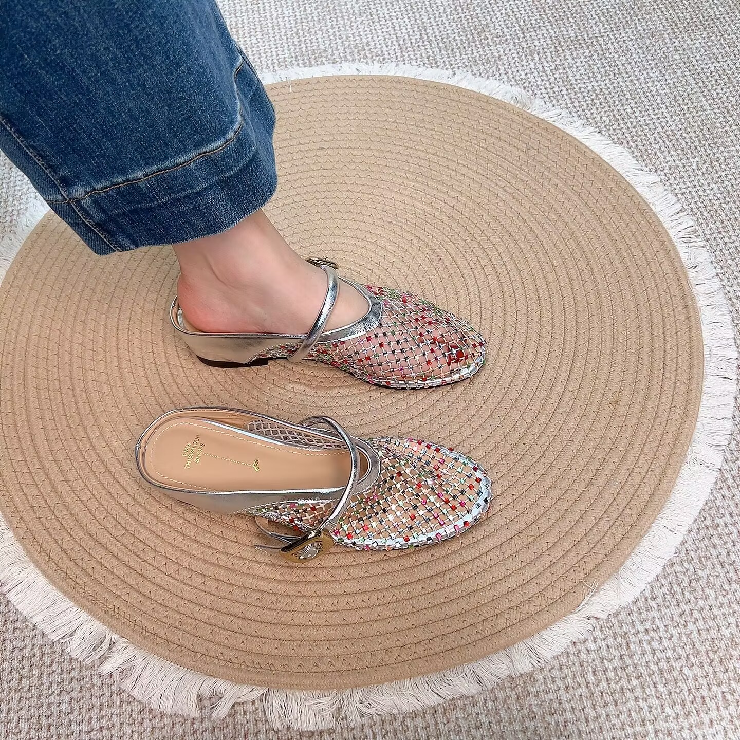 内增高包头半拖鞋女夏外穿满钻水钻一字扣带镂空网纱透气坡跟凉拖