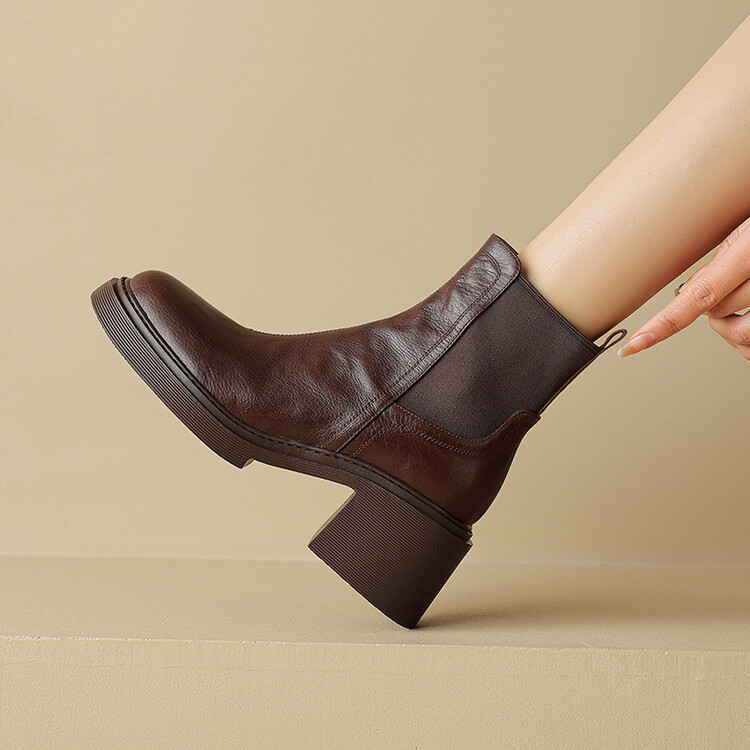 覆古厚底高跟切尔西短靴女2025秋冬新款真皮粗跟瘦瘦靴圆头马丁靴