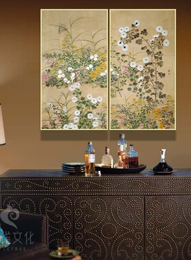 日式挂画菊花图屏风Ogata Korin餐厅酒店拼套组合有框装饰画油画